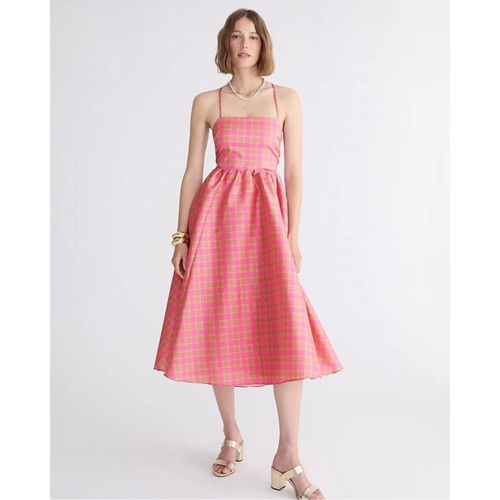 J Crew Collection squareneck stretch taffeta dress in sunset plaid